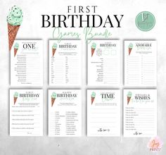 printable first birthday games bundle with ice cream cone and cupcakes on it