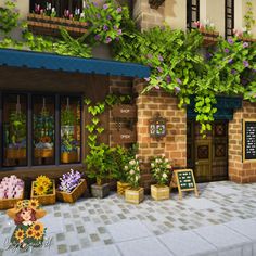 an animated image of a store front with flowers on the windows and plants growing outside