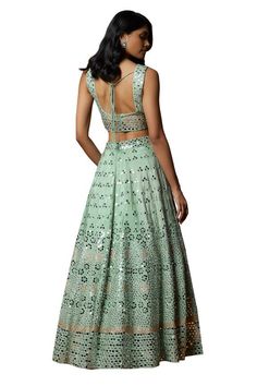 Sea green lehenga with an attached cancan and mirror and thread embroidery. Comes with a padded blouse and a dupatta. - Aza Fashions Sea Green Lehenga, Green Lehenga, Padded Blouse, Mirror Round, Embroidered Lehenga, Thread Embroidery, Sea Green, Embroidered Silk, Raw Silk