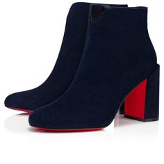 The Castarika ankle boot adopts the clean and sophisticated lines dear to Maison Christian Louboutin, and is enhanced by a round toe and a slightly protruding 85 mm square heel. Its entirely midnight blue suede calfskin upper is notable for its notch that cleverly emphasises the ankle. This urban and timeless model is enhanced by discreet topstitching. Christian Louboutin Boots, Heel Boot, Block Heel Boots, Red Bottoms, Clothes Horse, Blue Suede, Suede Heels