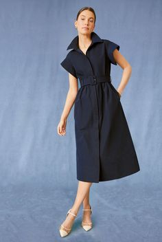 Navy Chloe Dress Modern A-line Cotton Dress, Structured Spring Workwear Dresses, Modern Fitted Cotton Dresses, Workwear A-line Midi Dress With Structured Shoulders, A-line Midi Dress With Structured Shoulders For Work, Modern Cotton A-line Dress, Cotton Dress With French Seams For Work, Spring Workwear Dress With French Seams, Spring Work Dress With French Seams