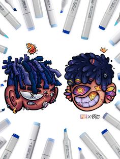 two cartoon heads with different colored hair and blue eyes surrounded by white crayons