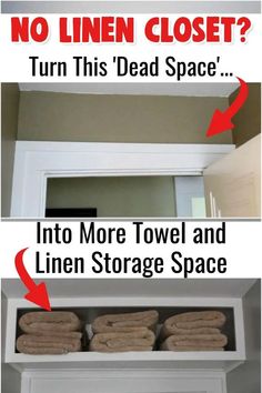 there are two pictures showing how to put towels in the closet