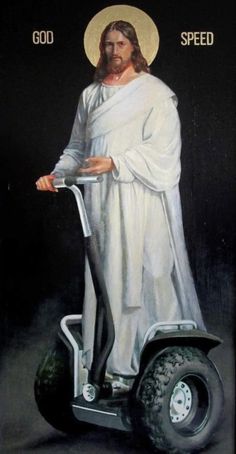 the jesus is riding an electric scooter