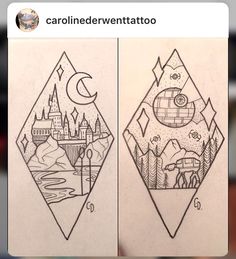 two pictures with some drawings on them and one has an image of a castle in the middle