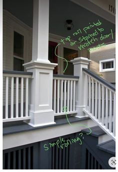 the front porch is painted white with green lettering