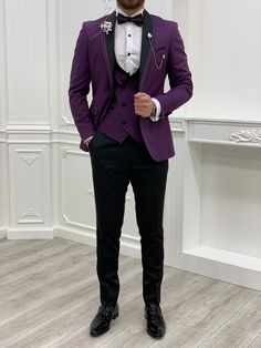 Size :46-48-50-52-54-56Suit material: 65% polyester 35% viscoseMachine Washable : No jacket slit : double slitproduct content : Jacket +Vest +Pants+bow tie Remarks: Dry Cleaning Only Delivered Time : 2-4 bussines day Wedding Tuxedo For Men Purple, Black Tux With Purple Tie, Purple Wedding Tuxedo Groom Attire, Purple Tuxedo For Men, Purple Suits For Men Wedding Ideas, Purple Prom Suits For Men, Purple Tuxedo Wedding, Purple Groomsmen Attire, Purple Suit Men