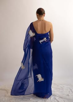 Organza Hand Painted Saree, Organza Sari, Hand Painted Saree, Painted Saree, Navy Blue Saree, Perfect Imperfection, Hand Painted Dress, Fancy Sarees Party Wear, Hand Painted Sarees