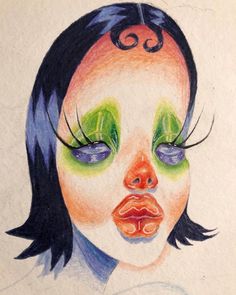 a drawing of a woman's face with green eyes