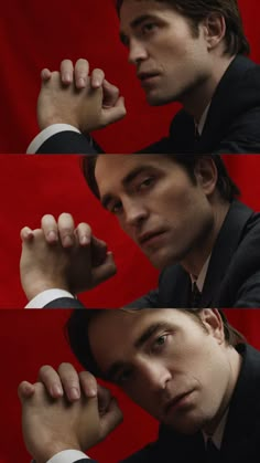 three different shots of a man in a suit and tie with his hands on his head