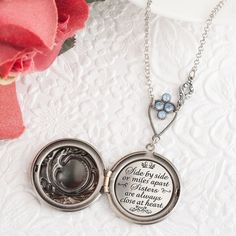 "This magnificent Victorian style embossed locket opens to reveal the quote \"Side by side or miles apart sisters are always close at heart.\" The locket features a beautiful embossed floral pattern on the locket face. The lovely soldered rolo chain features a gorgeous heirloom quality Swarovski crystal rhinestone connector (in your choice of blue opal and light sapphire, white opal & crystal, pacific green opal & chrysolite, or sand opal & topaz) adorned with an exquisite baroque fl Sister Wedding Gifts, Soul Sister Gifts, Valentine Gifts For Boys, Necklace Sister, Soul Sisters Gifts, Pacific Green, Sister Wedding Gift, Miles Apart, Sister Jewelry