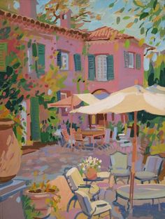 a painting of an outdoor patio with chairs and umbrellas in front of a pink building