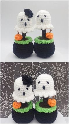 two crocheted shoes with black, white and green trim