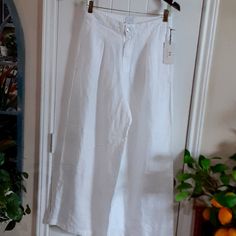 Nwt 100% Linen Big Mother Of Pearl Ext Button Over Zipper Elasticized Back Waist 14" Relaxed Waist Flat 26" Inseam 13" Wide Leg @ Hem Relaxed Fit Pants With Button Closure For Daywear, White Straight Leg Pants With Button Closure, High Waist Linen Bottoms With Button Closure, White Wide Leg Pants With Buttons, White Straight Pants With Buttons, Classic White Linen Wide Leg Pants, Wide Leg Pants With Buttons For Daywear, White High-waisted Pants With Buttons, Wide Leg Bottoms With Button Closure For Daywear