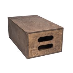 a wooden box with two holes in it