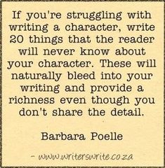 a quote that reads if you're struggling with writing a character, write 20 things that the reader will never know about your character