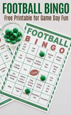 two printable football game day games for kids to play on the table with candy