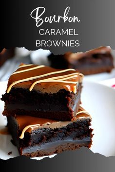 two chocolate brownies with caramel drizzled on top, sitting on a white plate