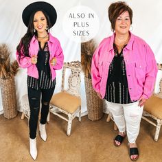 Very Confident Button Up Cropped Denim Jacket in Hot Pink | Trendy pieces for all shapes and sizes. New Jacket, Cute Sunglasses, Giddy Up Glamour, Cropped Denim Jacket, Cropped Denim, In Hot, Fashion Boutique, Graphic Tee, Hot Pink