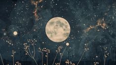 the full moon is shining brightly in the night sky over some plants and trees with stars