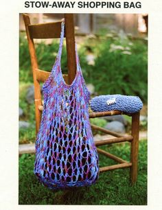 a crocheted bag sitting on top of a wooden chair