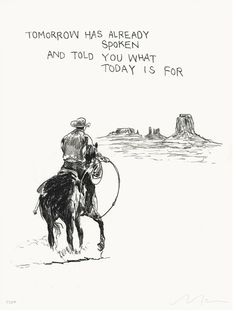 a drawing of a man riding on the back of a horse next to a desert