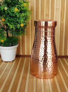 a metal vase sitting on top of a wooden floor next to a potted plant