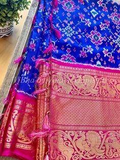 Royal Blue - Rani Pink Ikkat Silk Sarees Designer Ikat Print Dupatta For Festivals, Designer Ikat Print Dupatta, Banarasi Silk Ikat Print Saree For Wedding, Wedding Saree In Banarasi Silk With Ikat Print, Festive Katan Silk Dupatta With Ikat Print, Wedding Banarasi Silk Saree With Ikat Print, Festive Banarasi Silk Traditional Wear With Ikat Print, Festive Ikat Print Katan Silk Dupatta, Ikat Print Saree For Wedding