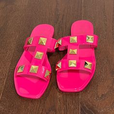 Brand New, No Box Included. Dk Pink Flat Sandals For Spring, Flat Pink Sandals For Spring, Trendy Pink Synthetic Sandals, Trendy Pink Jelly Sandals For The Beach, Trendy Pink Jelly Sandals For Summer, Pink Jelly Sandals For Summer Vacation, Trendy Pink Jelly Sandals For Spring, Pink Jelly Sandals For Vacation In Spring, Chic Pink Sandals For Summer