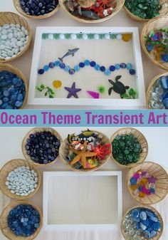 the ocean theme is displayed in baskets with rocks