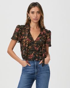 Ayla Blouse - Black Multi Silk Green Floral Blouse, Black Poppy, Black Lace Blouse, Feminine Blouses, Beautiful Blouses, Crop Blouse, Red Blouses, Flutter Sleeves, Lace Blouse