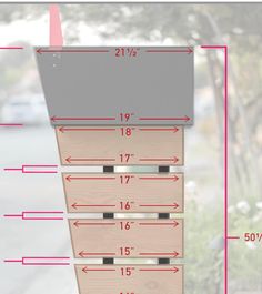 the height of a wooden shelf with measurements for each piece of wood in front of it