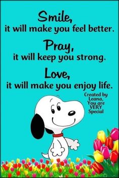 a snoopy saying that says smile it will make you feel better pray it will keep you