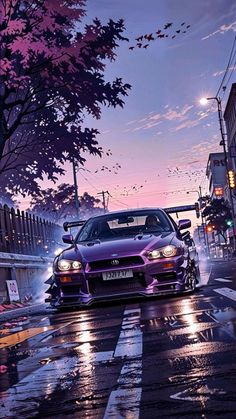 a purple car is driving down the street in the rain at night with its headlights on