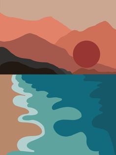 the sun is setting over mountains and water