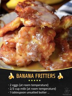 there are bananas and other food items on the plate in front of this ad for banana fritters