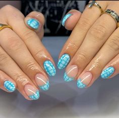 almond shape | blue design | summer nails Blue Nails Blooming Gel, Nails For Cancun, Blue Summer Nails Short, Tie Nail Designs, Light Blue Nail Designs 2024, Blue Blooming Gel Nails, Nail Designs Short Almond, Nails With Blooming Gel, Two Color Nail Design