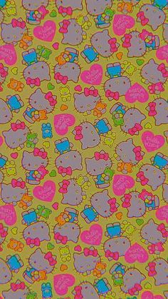 an image of hello kitty wallpaper in pink, yellow and blue colors on a green background