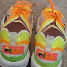 Slick Neon Accented Running Shoes, Women's Size 9. New Without Tags Fila Running Shoes, Fila Shoes, Shoes Brand, Cute Shoes, Shoe Brands, Yellow White, New Color, Running Shoes, Athletic Shoes