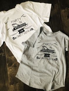 Party in slow motion pontoon boat graphic crew neck tees, adult unisex clothing, personalized captain and first mate t-shirts, great gift Summer Anniversary Crew Neck T-shirt, Summer Crew Neck T-shirt For Anniversary, White Custom Print T-shirt For Party, Bar Mitzvah Party, Pontoon Boat, Slow Motion, Wedding Bar, Gift For Birthday, Bar Mitzvah