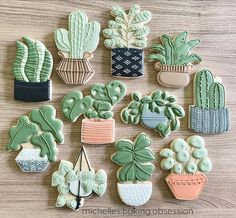 many decorated cookies are arranged in the shape of cactuses and succulents