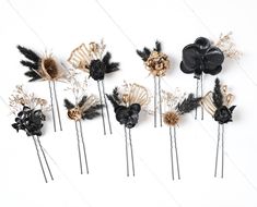 Size 3-5 inches. The price is for 1 set of 4 or 5 hair pins)) The black color of the hair pins is the perfect solution for a gothic wedding)) Gold Hairpiece, Gothic Hair, Gold Hair Piece, Hair Pins Wedding, Gothic Hairstyles, Hair Accessories Bridal, Gold Hair Accessories, Wedding Black, Wedding Hair Pins