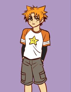 an anime character with orange hair wearing shorts and a star t - shirt, standing in front of a purple background