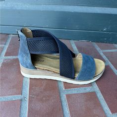 Nwt Biza Bree Leather Sandal In Navy. 1" Wedge, Back Zipper. Memory Foam Footbed. Blue Wedge Sandals With Arch Support For Summer, Blue Sandals With Arch Support For Spring, Blue Wedge Heel Sandals With Arch Support, Navy Color, Women's Shoes Sandals, Leather Sandals, Memory Foam, Shoes Sandals, Color Blue