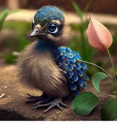 a small blue and gray bird sitting next to a pink flower