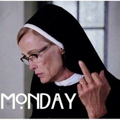 a nun pointing to the side with an ad in front of her that says, you don't like american horror story?