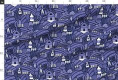 an image of a blue fabric with houses and trees on it, as well as the measurements