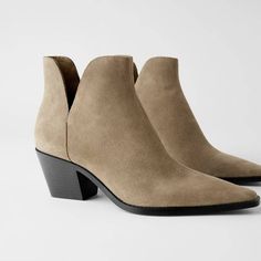 Zara Sand-Coloured High-Heel Leather Ankle Boots Split Suede Upper Cut-Out Sides Cowboy Heel Pointed Toe Heel Height: 2.3 Inches Color: Sand/Beige Size: Multiple Sizes Available Chic Zara Suede Boots, Zara Suede Pointed Toe Heeled Boots, Zara Pointed Toe Suede Heeled Boots, Zara Suede Heeled Boots With Pointed Toe, Zara High Heel Suede Boots, Zara Suede Heeled Boots For Spring, Zara Ankle-high Suede Boots, Zara Cowboy Boots, Zara Ankle Boots