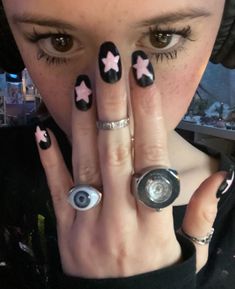 Short Emo Nails, Pink Star Nails, Nails Evil Eye, Evil Eye Rings, Eye Rings, Punk Nails, Minimal Nails, Pink Star