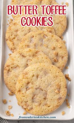 three butter toffe cookies on a white plate with the words butter toffe cookies